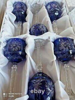 Czech bohemia cut crystal glass Wine glasses 23cm blue color 6pc