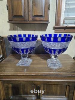 DZYR Cut to Clear Cobalt Blue Crystal Pedestal Bowl 9.25x9.75 Bohemian Glass DM