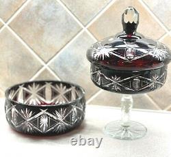 Dark Ruby Red Cut to Clear Crystal Bowl and Candy Dish with Lid made in Poland