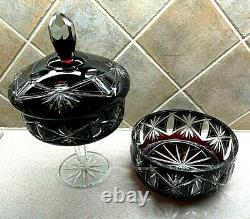 Dark Ruby Red Cut to Clear Crystal Bowl and Candy Dish with Lid made in Poland