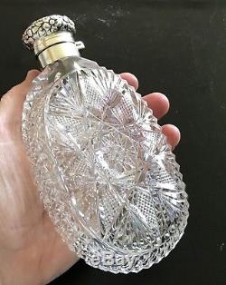 Dazzling Crystal Cut Glass Womens Flask Repousse Floral Sterling Silver Lid