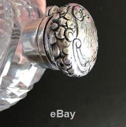 Dazzling Crystal Cut Glass Womens Flask Repousse Floral Sterling Silver Lid