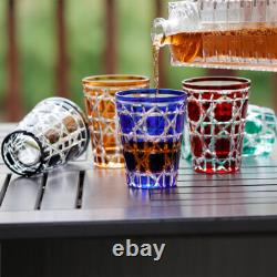 Diamond Cut Cased Crystal Glasses Whiskey Set Juice Drinkware 10oz Cobalt 5PCS