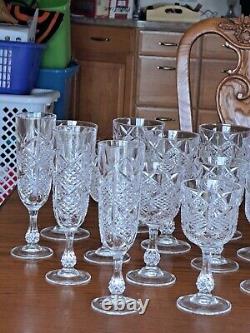 Diamond Cut Depression Crystal Clear Goblet Glassware 31 Pieces Ball Stemmed