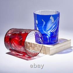 Edo Kiriko Glass Pair Set Crane Hand Cut Crystal Traditional Japanese Style
