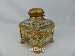 Elegant Antique French Gilt Bronze Ormolu and Crystal Cut Glass Inkwell