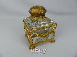 Elegant Antique French Gilt Bronze Ormolu and Crystal Cut Glass Inkwell