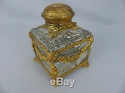 Elegant Antique French Gilt Bronze Ormolu and Crystal Cut Glass Inkwell