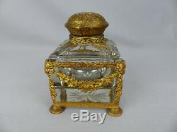 Elegant Antique French Gilt Bronze Ormolu and Crystal Cut Glass Inkwell