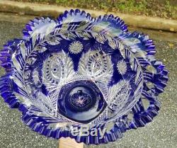 Exceptional Cobalt Cut To Clear Crystal Glass Bowl 11x6.5