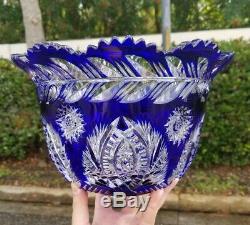 Exceptional Cobalt Cut To Clear Crystal Glass Bowl 11x6.5