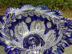 Exceptional Cobalt Cut To Clear Crystal Glass Bowl 11x6.5