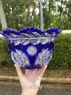 Exceptional Cobalt Cut To Clear Crystal Glass Bowl 11x6.5