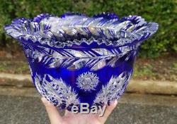 Exceptional Cobalt Cut To Clear Crystal Glass Bowl 11x6.5