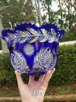 Exceptional Cobalt Cut To Clear Crystal Glass Bowl 11x6.5