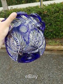 Exceptional Cobalt Cut To Clear Crystal Glass Bowl 11x6.5