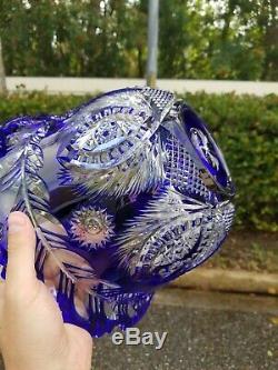 Exceptional Cobalt Cut To Clear Crystal Glass Bowl 11x6.5