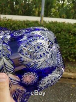 Exceptional Cobalt Cut To Clear Crystal Glass Bowl 11x6.5