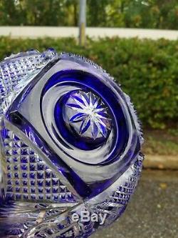 Exceptional Cobalt Cut To Clear Crystal Glass Bowl 11x6.5