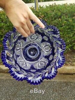 Exceptional Cobalt Cut To Clear Crystal Glass Bowl 11x6.5