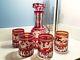 FABERGE Scythian Griffin Ruby Red Cut Crystal Whiskey Glass Decanter Set Signed