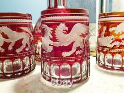 FABERGE Scythian Griffin Ruby Red Cut Crystal Whiskey Glass Decanter Set Signed