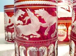 FABERGE Scythian Griffin Ruby Red Cut Crystal Whiskey Glass Decanter Set Signed