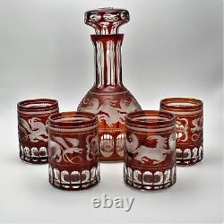 FABERGE Scythian Griffin Ruby Red Cut Crystal Whiskey Glass Decanter Set Signed