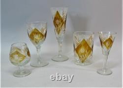 FINE BOHEMIAN CUT CRYSTAL GLASS STEMWARE SET c. 1930 antique art glass