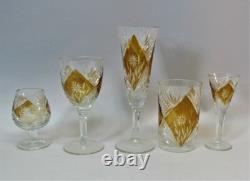 FINE BOHEMIAN CUT CRYSTAL GLASS STEMWARE SET c. 1930 antique art glass