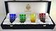 Faberge Salute Shot Glasses Signed, Multi Color Cased Cut Clear Crystal