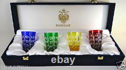 Faberge Salute Shot Glasses Signed, Multi Color Cased Cut Clear Crystal