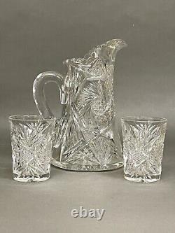 Fabulous Vintage Brilliant Cut Crystal Glass Pitcher Pinwheel & Glasses