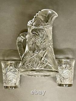 Fabulous Vintage Brilliant Cut Crystal Glass Pitcher Pinwheel & Glasses