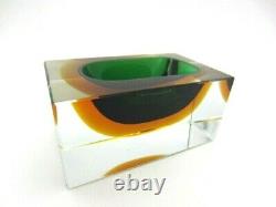 Faceted brick block cut bowl green & amber Murano glass sommerso