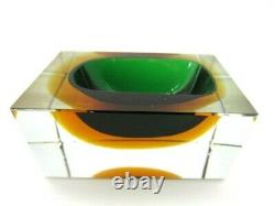 Faceted brick block cut bowl green & amber Murano glass sommerso