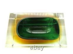 Faceted brick block cut bowl green & amber Murano glass sommerso