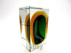 Faceted brick block cut bowl green & amber Murano glass sommerso