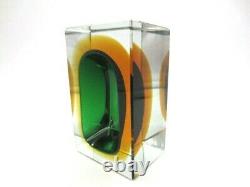 Faceted brick block cut bowl green & amber Murano glass sommerso