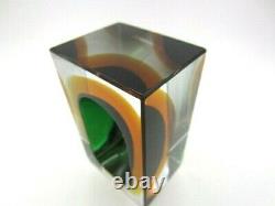 Faceted brick block cut bowl green & amber Murano glass sommerso