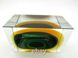 Faceted brick block cut bowl green & amber Murano glass sommerso