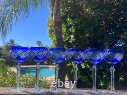 Fifth Ave Bohemian Cobalt Blue Cut to Clear Hock Wine Glasses Set of 6