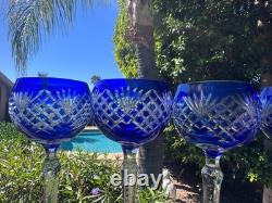 Fifth Ave Bohemian Cobalt Blue Cut to Clear Hock Wine Glasses Set of 6