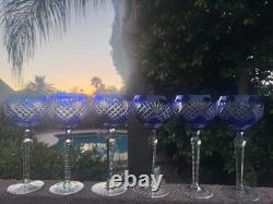 Fifth Ave Bohemian Cobalt Blue Cut to Clear Hock Wine Glasses Set of 6