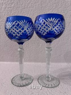 Fifth Ave Bohemian Cobalt Blue Cut to Clear Hock Wine Glasses Set of 6