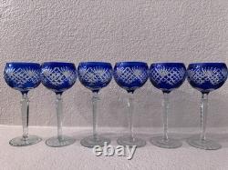 Fifth Ave Bohemian Cobalt Blue Cut to Clear Hock Wine Glasses Set of 6