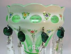 Fine Pair of ANTIQUE BOHEMIAN LUSTRES White over Green c. 1930 Signed Exc Cd
