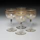 Four Antique French Etched Clear Glass Gold Inlay Crystal Cut Wine Glasses, 5 A