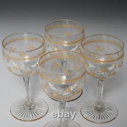 Four Antique French Etched Clear Glass Gold Inlay Crystal Cut Wine Glasses, 5 A