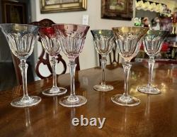 France- Set (6) Vtg Cut Crystal Luster Flashed Multicolor Holiday Wine Glasses